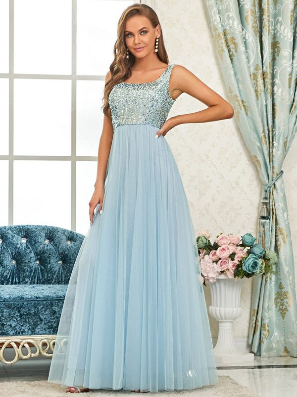 Blaues A-Linien ABI & Abschuss Ballkleid mit Pailletten Oberteil & Tüll-Rock Im Angebot – Bild 3