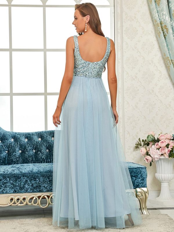 Blaues A-Linien ABI & Abschuss Ballkleid mit Pailletten Oberteil & Tüll-Rock Im Angebot – Bild 2