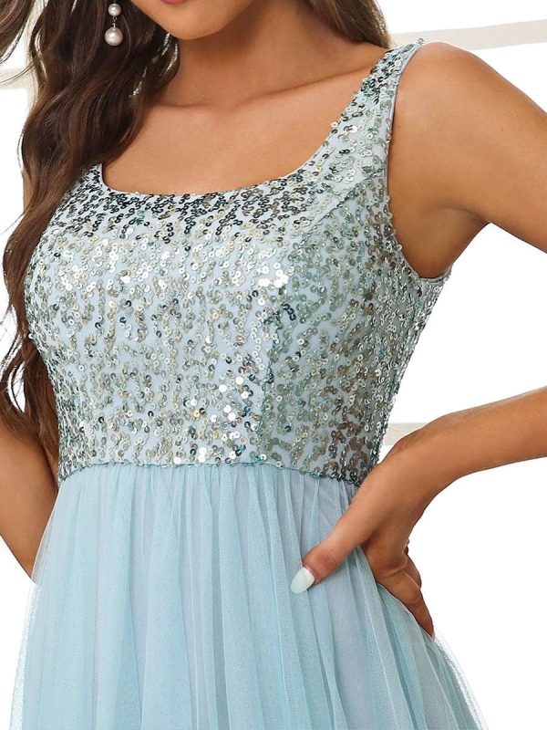 Blaues A-Linien ABI & Abschuss Ballkleid mit Pailletten Oberteil & Tüll-Rock Im Angebot – Bild 5