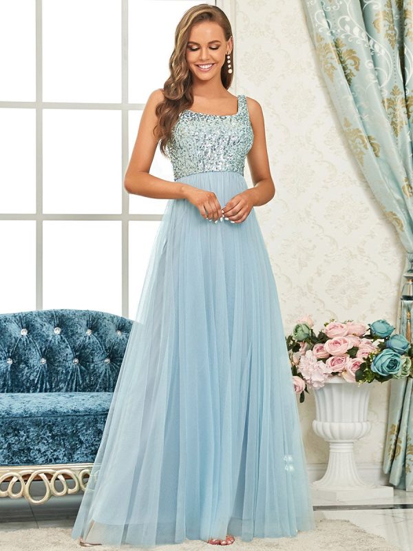 Blaues A-Linien ABI & Abschuss Ballkleid mit Pailletten Oberteil & Tüll-Rock Im Angebot